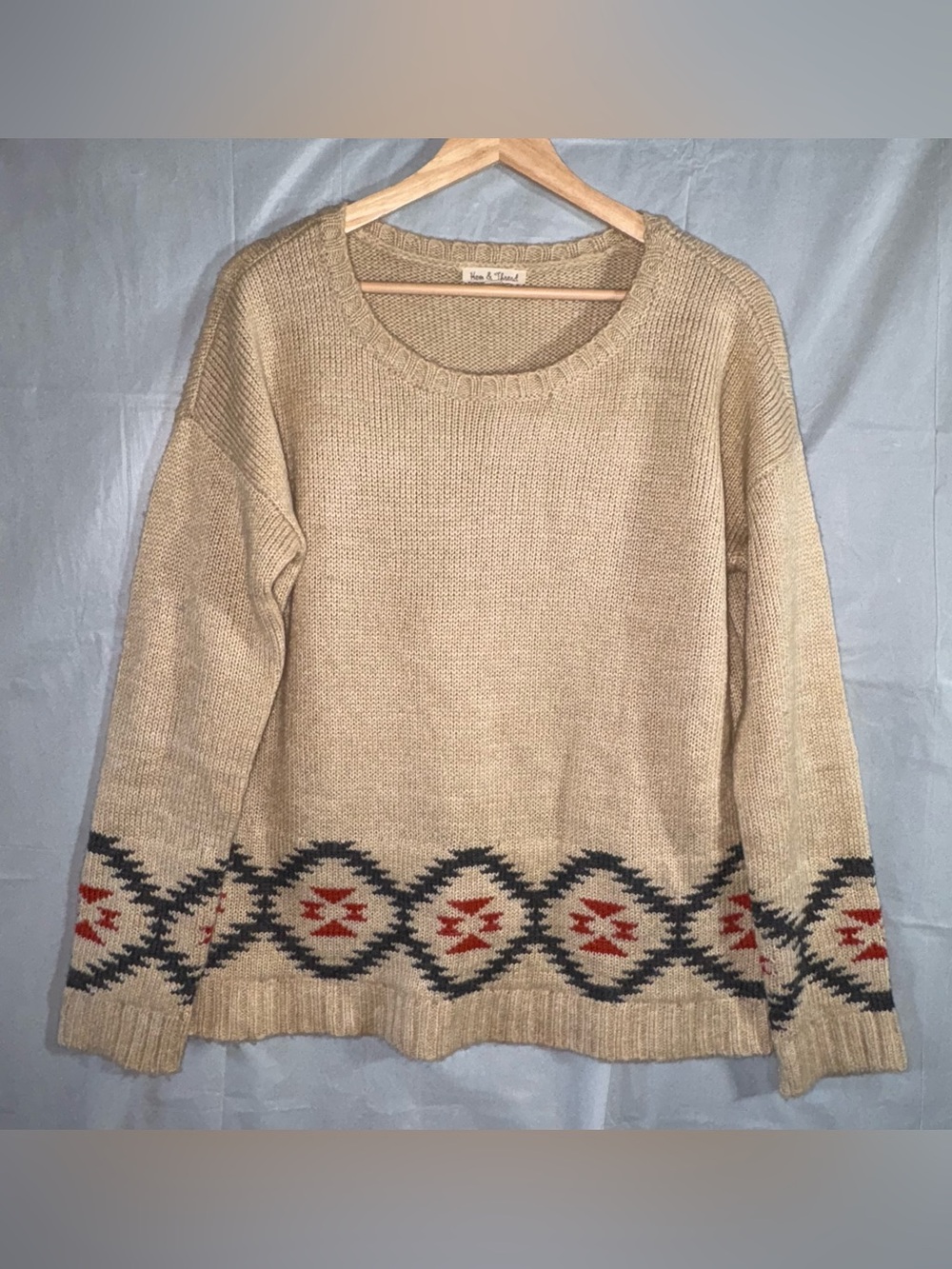 Hem & Thread Sweater Womens Large Tan Red Aztec Boho Southwest Knit Wool Blend